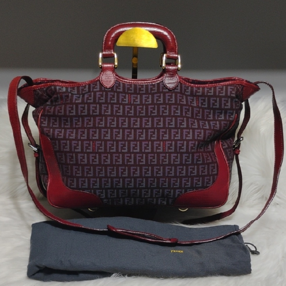 SALE! Fendi Zucchino Canvas Leather Purple/Red Color Combination 2Way & Dust Bag - Picture 1 of 16